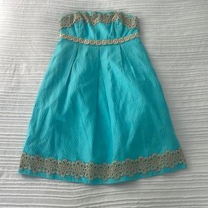 Lilly Pulitzer Bright Blue Jacquard Strapless Dress w/ Gold Trim Size 2
